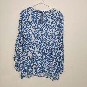 LC Waikiki Blue White Abstract Print Tie Neck Viscose Blouse Size EU 48 US 2XL